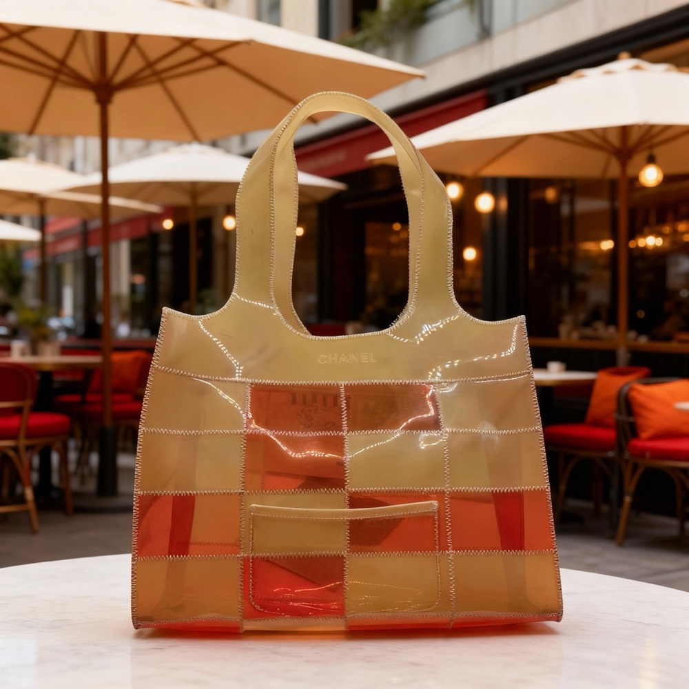 CHANEL Iridescent Yellow-Orange Patent Leather Patchwork Tote